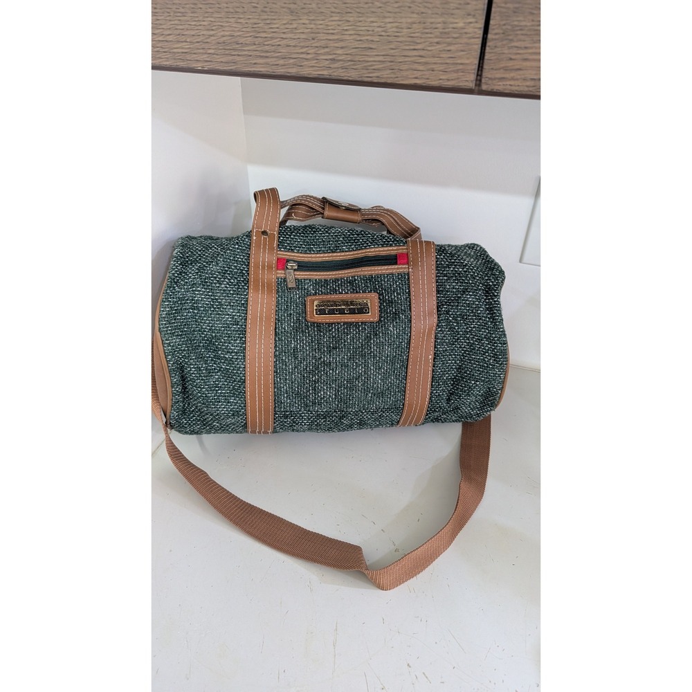 Oscar de la Renta Studio Green Woven Duffle Bag Brown Trim Weekend Travel Bag